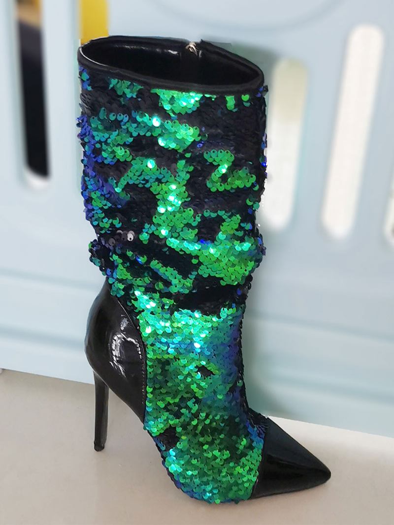 Botas Femininas Cano Médio Com Lantejoulas E Tecido Bico Fino Salto Agulha - Verde