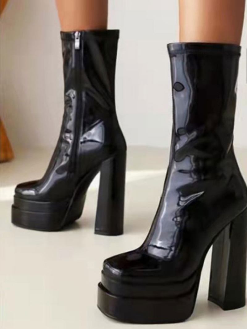 Botas Femininas Cano Médio Com Plataforma Superior Em Pu Quadrada E Salto Grosso