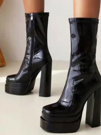 Botas Femininas Cano Médio Com Plataforma Superior Em Pu Quadrada E Salto Grosso