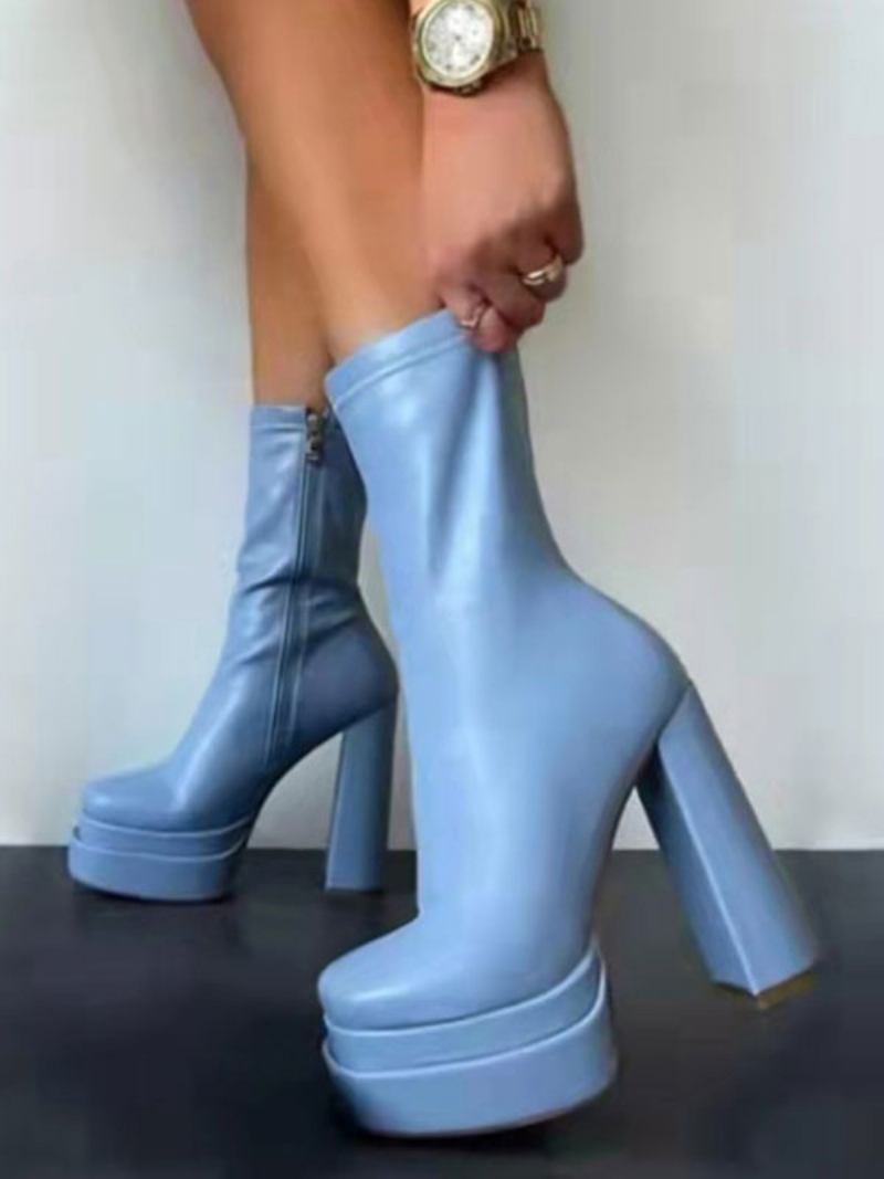 Botas Femininas Cano Médio Com Plataforma Superior Em Pu Quadrada E Salto Grosso - Azul Céu Claro