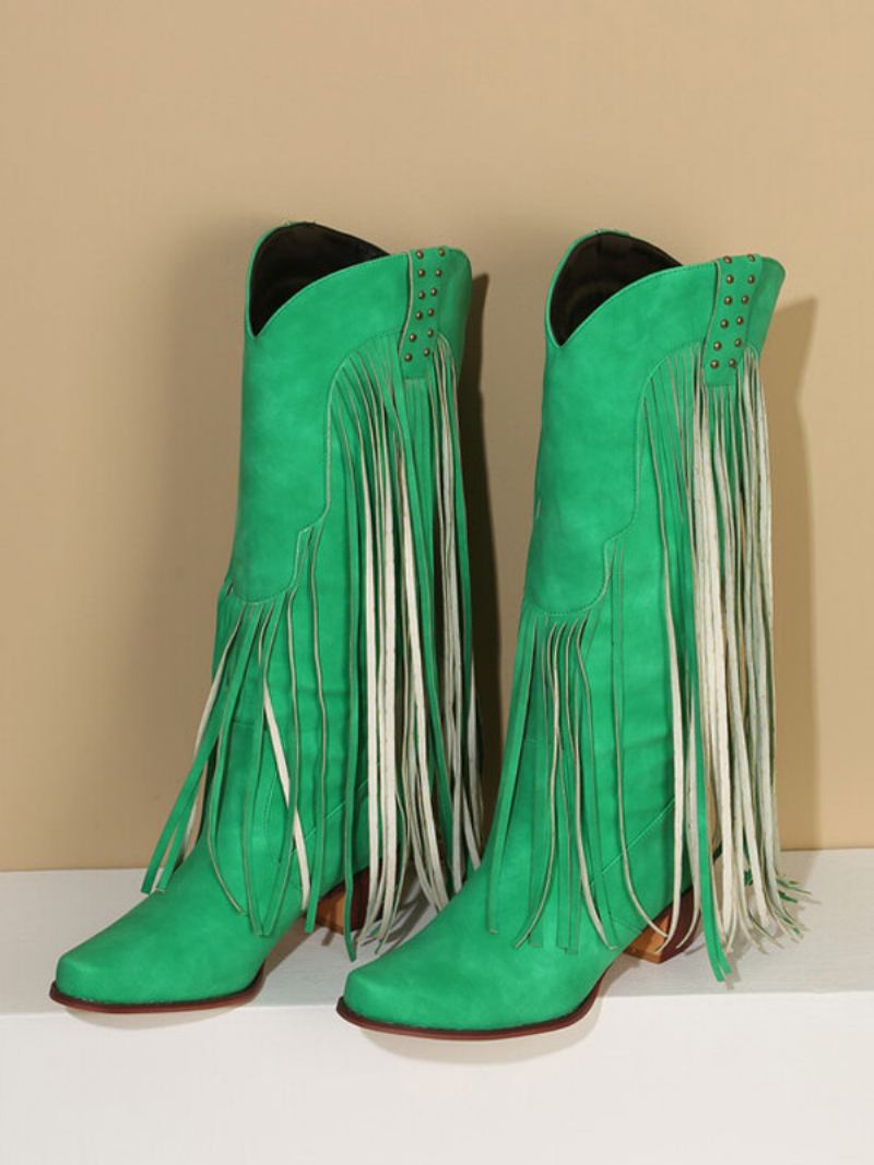 Botas Femininas Cano Médio Com Tachas Couro Pu Bico Fino E Salto Grosso - Verde