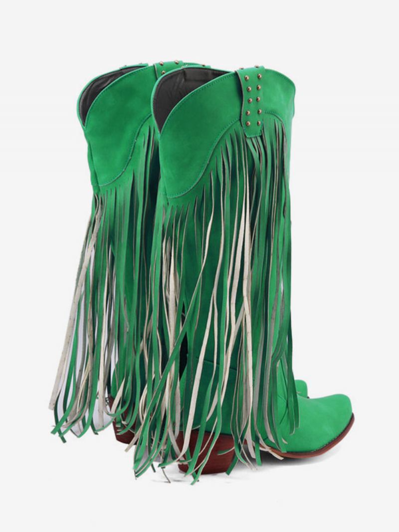 Botas Femininas Cano Médio Com Tachas Couro Pu Bico Fino E Salto Grosso - Verde