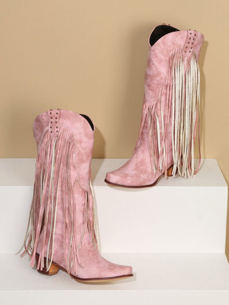 Botas Femininas Cano Médio Com Tachas Couro Pu Bico Fino E Salto Grosso - Rosa