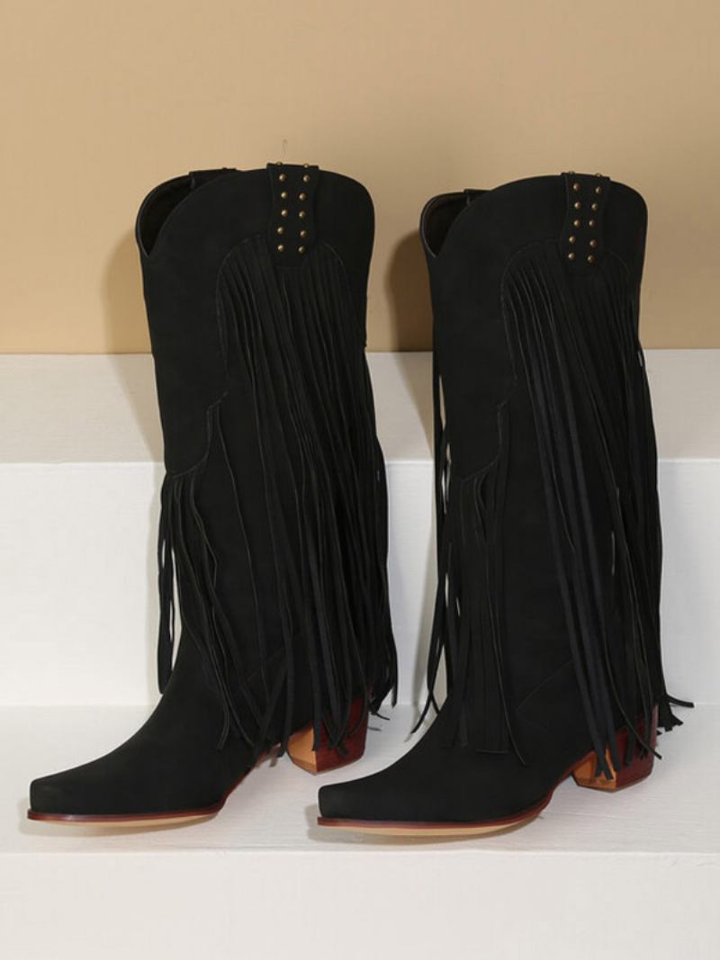 Botas Femininas Cano Médio Com Tachas Couro Pu Bico Fino E Salto Grosso - Preto