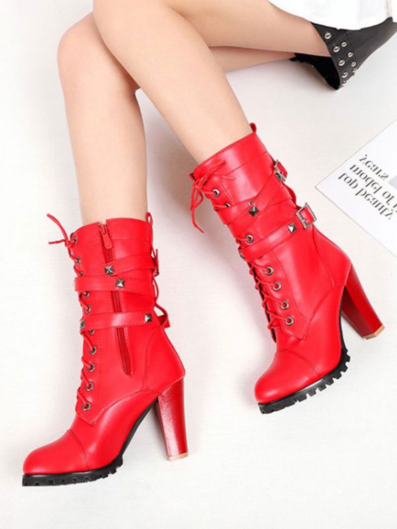 Botas Femininas Cano Médio Com Zíper Couro Pu Bico Redondo Salto Grosso - Vermelho