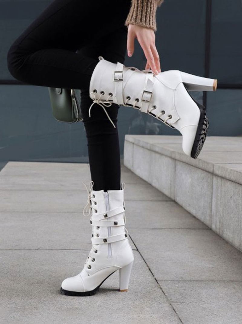 Botas Femininas Cano Médio Com Zíper Couro Pu Bico Redondo Salto Grosso - Branco