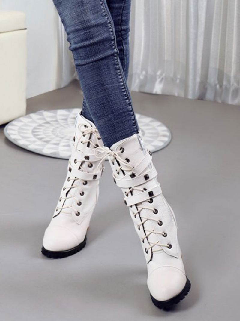 Botas Femininas Cano Médio Com Zíper Couro Pu Bico Redondo Salto Grosso - Branco