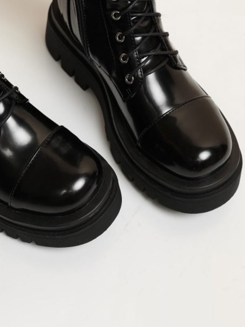 Botas Femininas Cano Médio Couro Preto Com Bico Redondo E Alça Ajustável - Preto