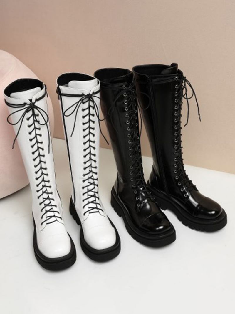 Botas Femininas Cano Médio Couro Preto Com Bico Redondo E Alça Ajustável - Branco