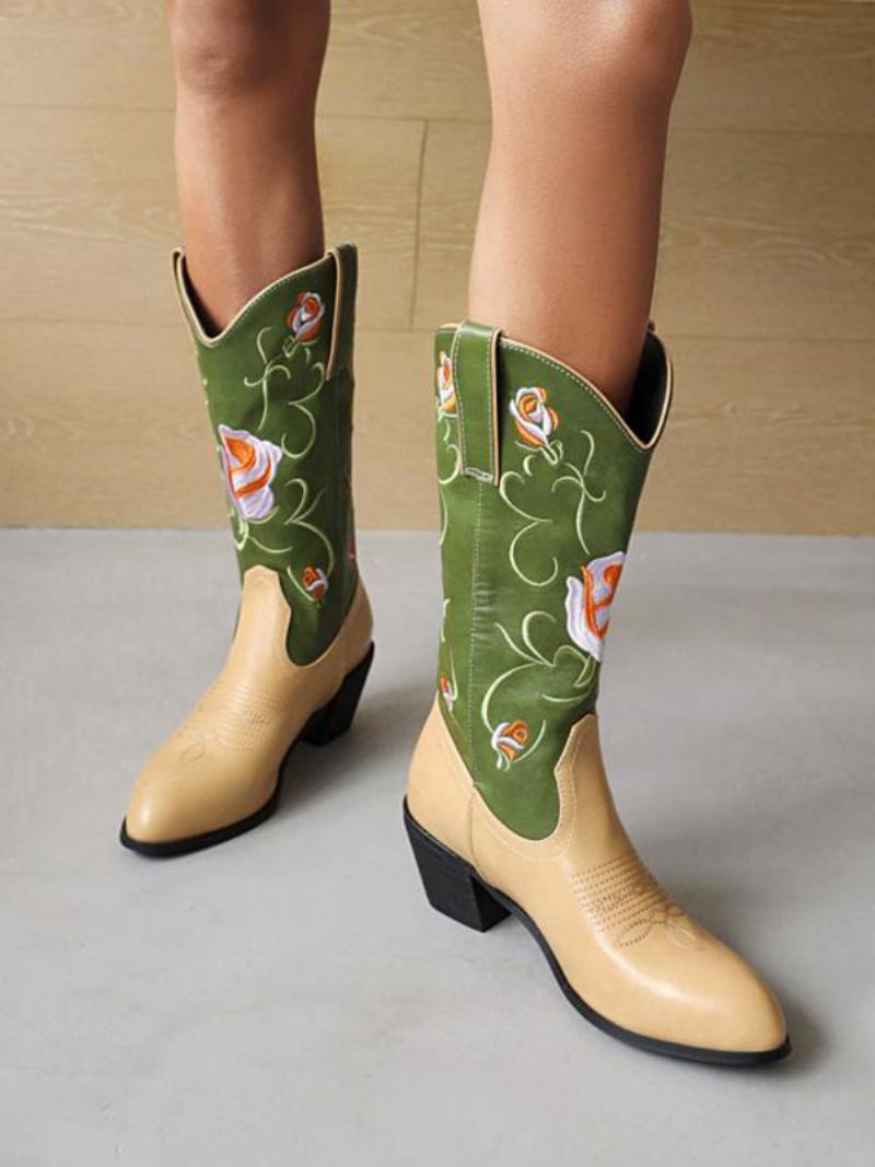 Botas Femininas Cano Médio Couro Pu Bico Fino Cowboy Salto Cachorro