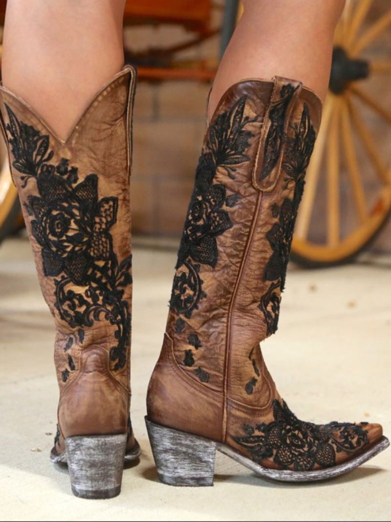 Botas Femininas Cano Médio Couro Pu Bico Fino Cowboy Salto Cachorro