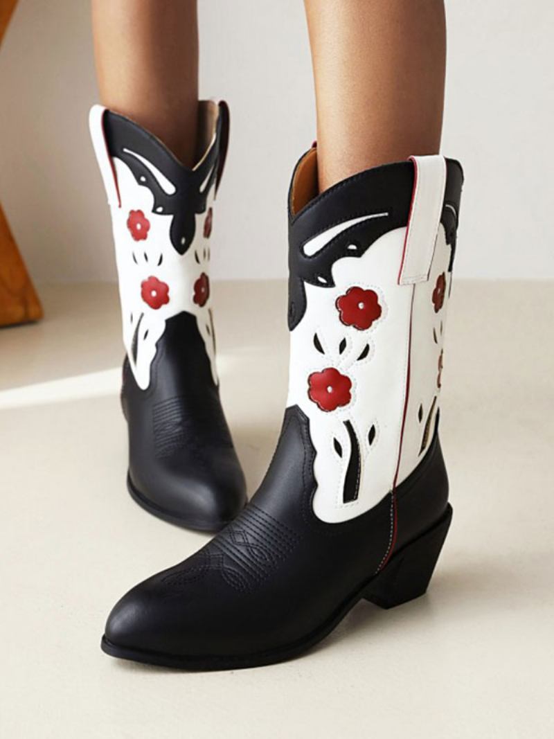 Botas Femininas Cano Médio Couro Pu Bico Fino Cowboy Salto Cachorro Cowgirl Sapatos Casamento