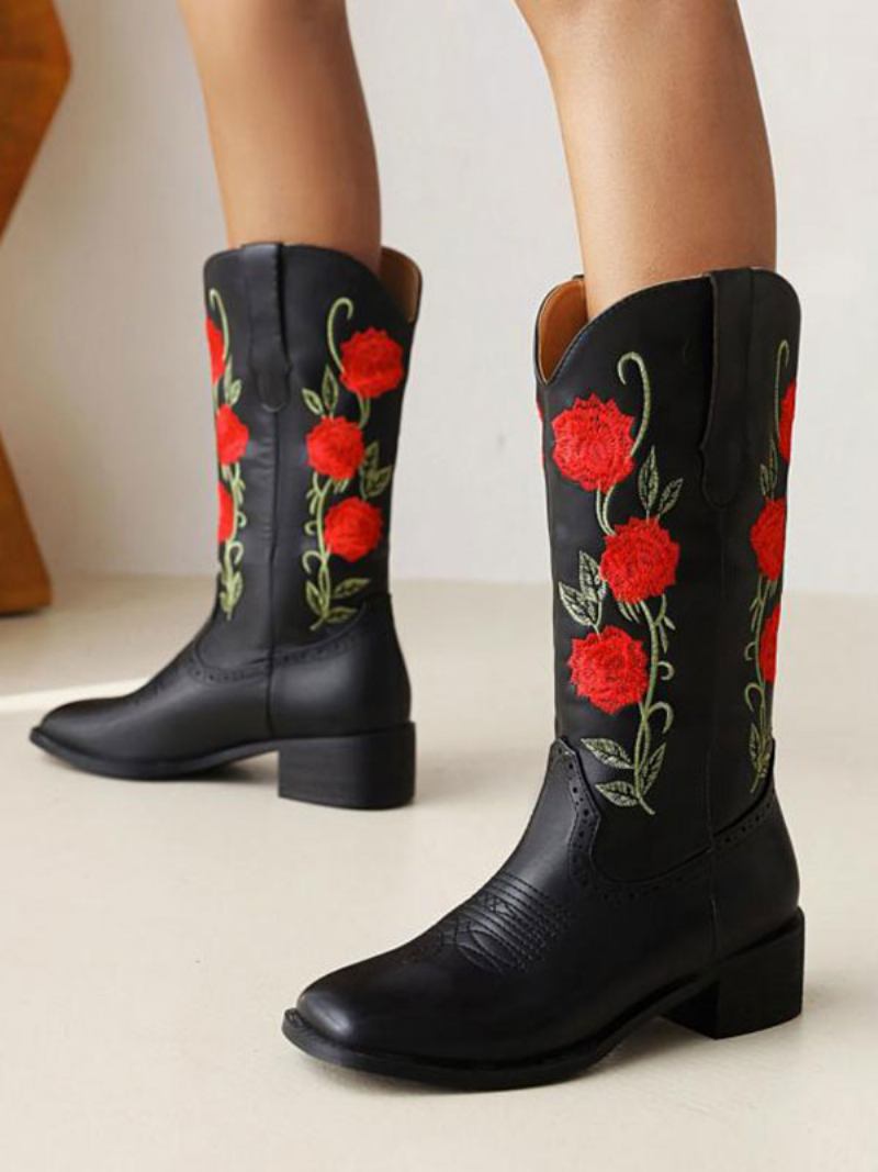 Botas Femininas Cano Médio Couro Pu Bico Redondo Cowboy Salto Cachorro