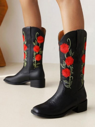 Botas Femininas Cano Médio Couro Pu Bico Redondo Cowboy Salto Cachorro