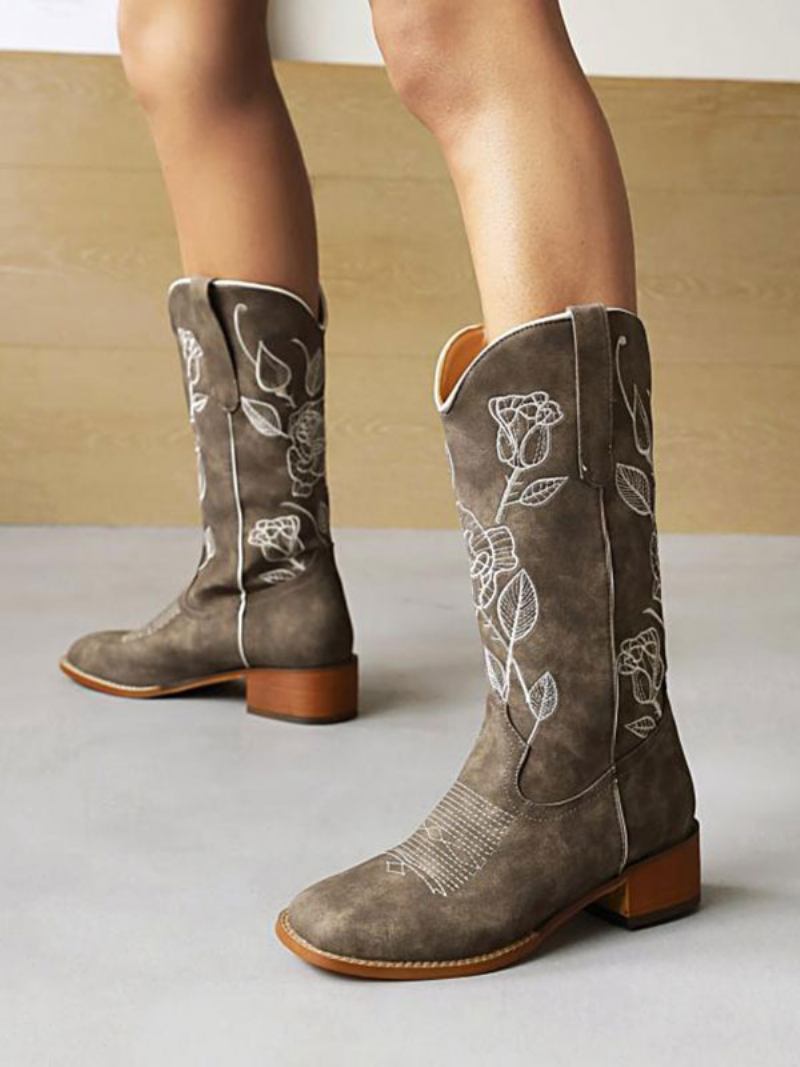 Botas Femininas Cano Médio Couro Pu Bico Redondo Cowboy Salto Cachorro