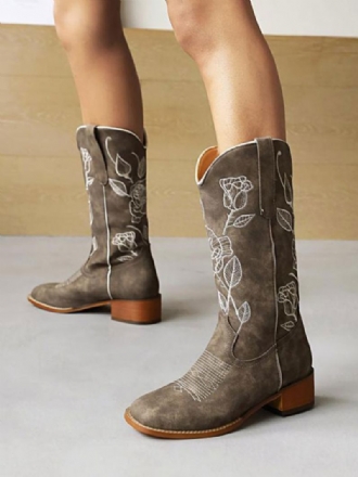 Botas Femininas Cano Médio Couro Pu Bico Redondo Cowboy Salto Cachorro