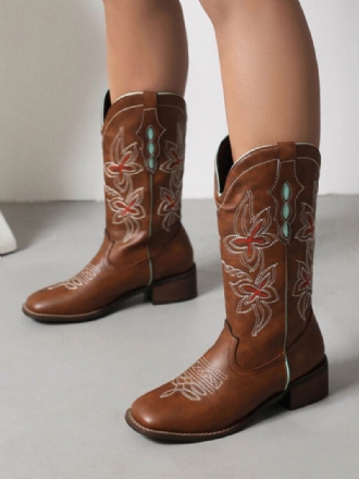 Botas Femininas Cano Médio Couro Pu Bico Redondo Cowboy Sapatos Casamento Vaqueira