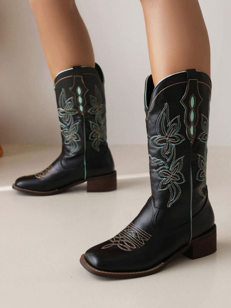 Botas Femininas Cano Médio Couro Pu Bico Redondo Cowboy Sapatos Casamento Vaqueira - Preto