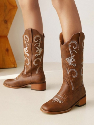 Botas Femininas Cano Médio Couro Pu Bico Redondo Cowboy Sapatos Casamento Vaqueira