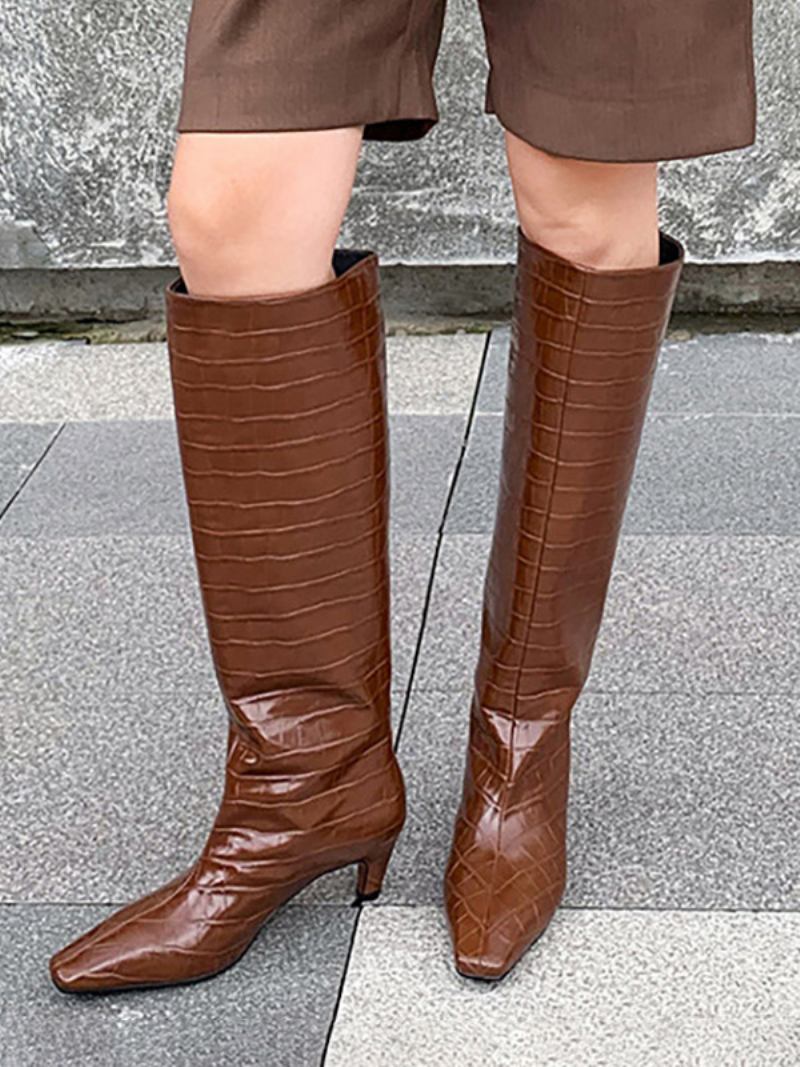 Botas Femininas Cano Médio Couro Pu Com Bico Fino E Salto Grosso - Café Marrom