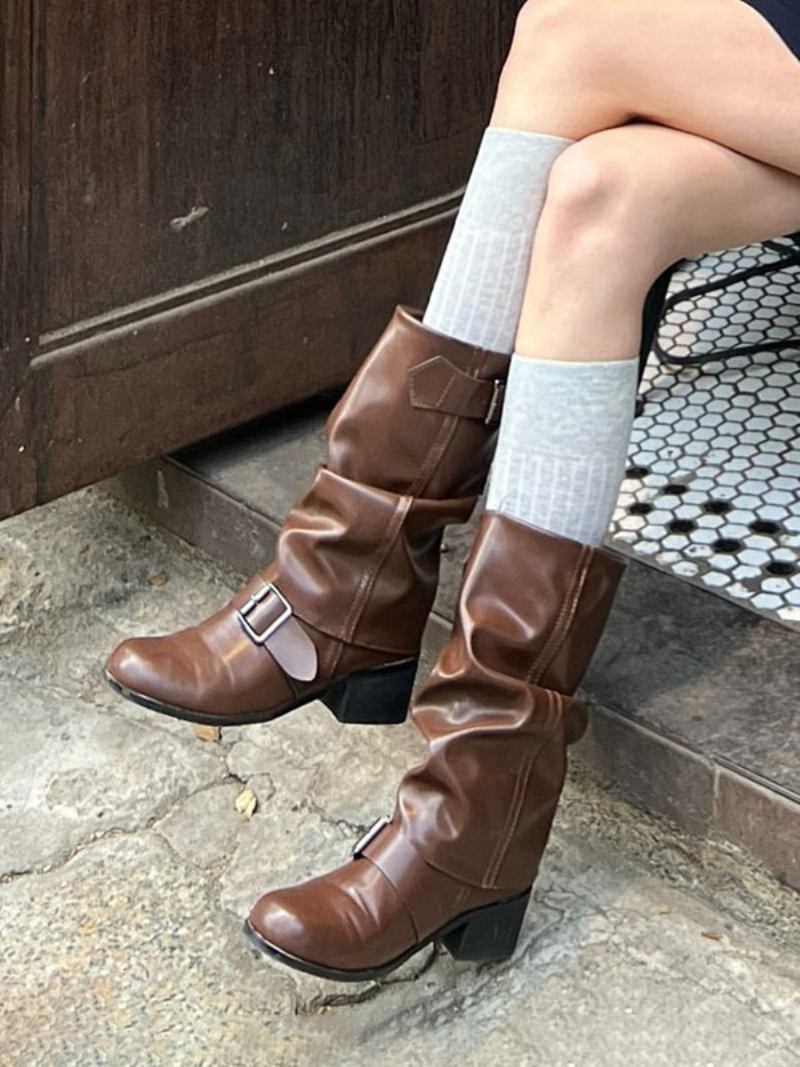 Botas Femininas Cano Médio Couro Pu Com Bico Fino E Salto Grosso