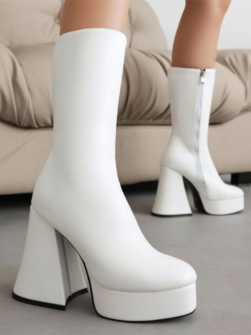 Botas Femininas Cano Médio Couro Pu Com Bico Redondo E Salto Grosso - Branco