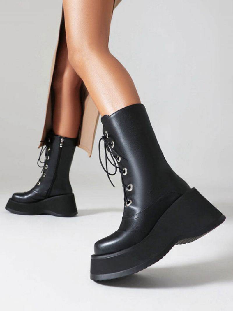 Botas Femininas Cano Médio Couro Pu Com Bico Redondo E Sem Salto - Preto