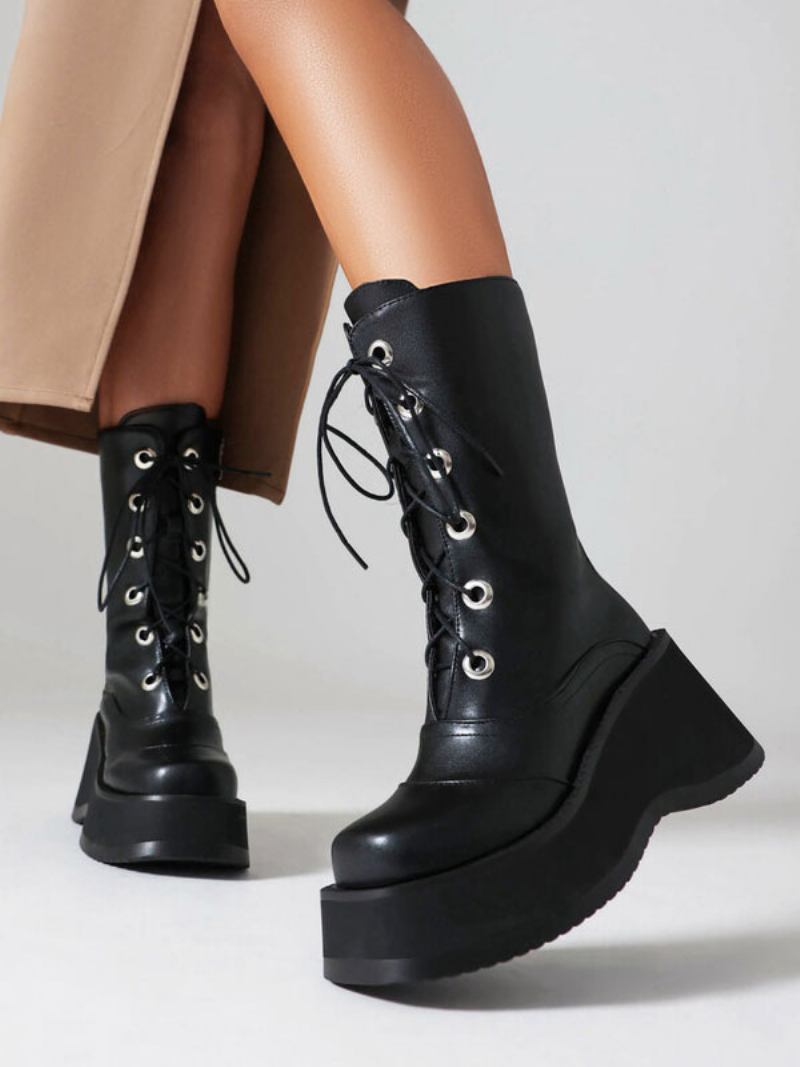 Botas Femininas Cano Médio Couro Pu Com Bico Redondo E Sem Salto - Preto