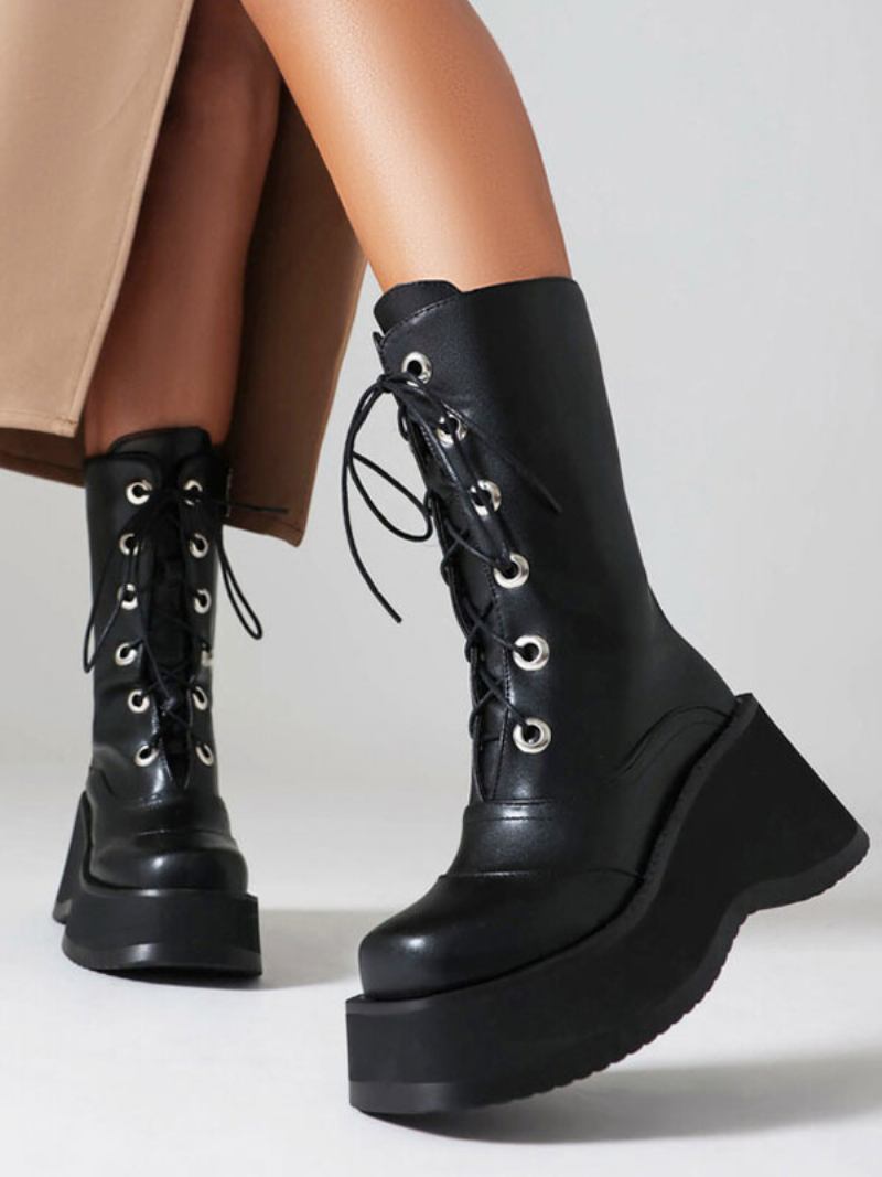 Botas Femininas Cano Médio Couro Pu Com Bico Redondo E Sem Salto - Preto