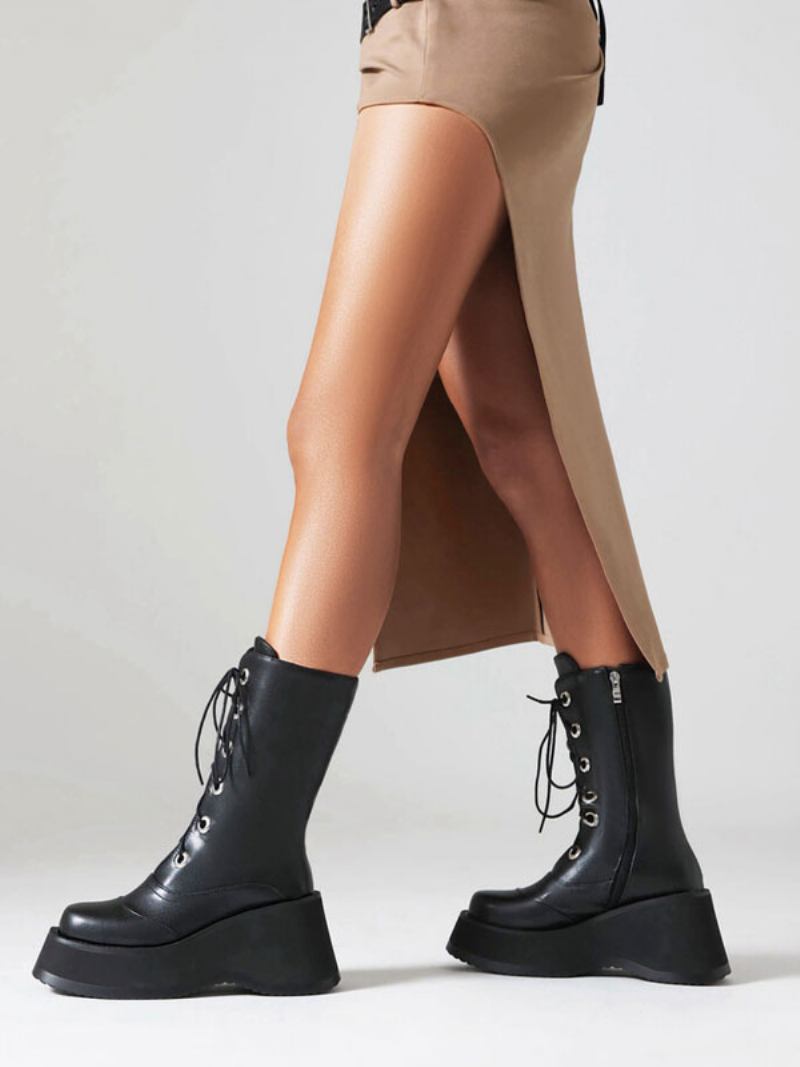 Botas Femininas Cano Médio Couro Pu Com Bico Redondo E Sem Salto - Preto