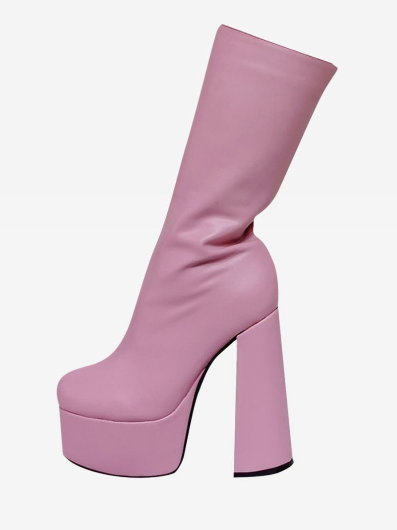 Botas Femininas Cano Médio Couro Pu Com Plataforma Redonda E Salto Grosso - Rosa Claro