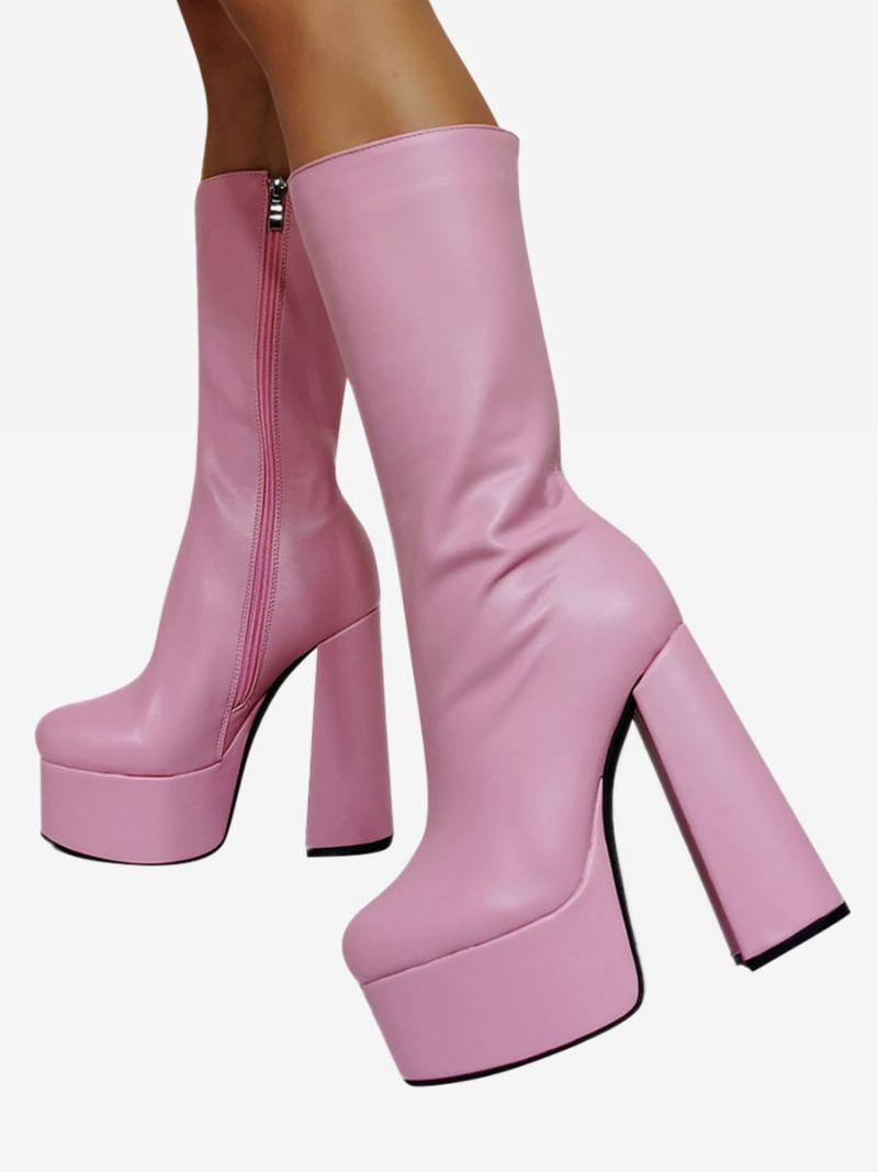 Botas Femininas Cano Médio Couro Pu Com Plataforma Redonda E Salto Grosso - Rosa Claro