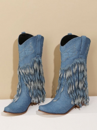 Botas Femininas Cano Médio Lona Com Bico Fino E Salto Grosso