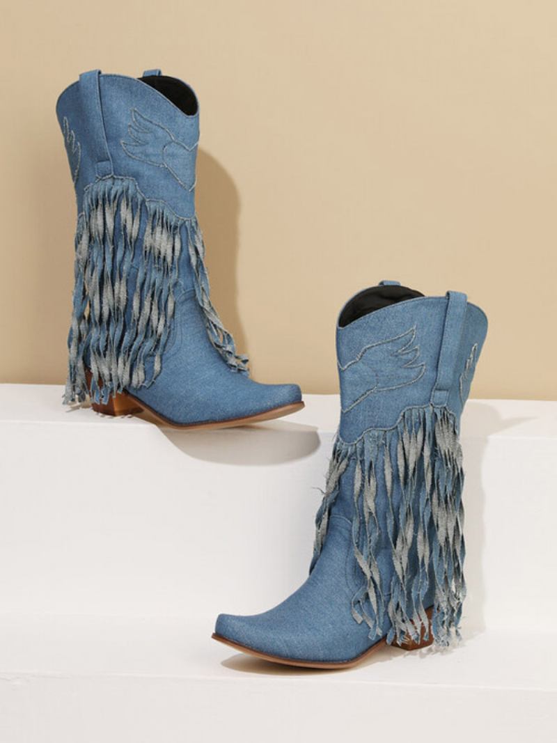 Botas Femininas Cano Médio Lona Com Bico Fino E Salto Grosso - Azul Céu Claro 