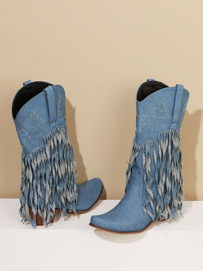 Botas Femininas Cano Médio Lona Com Bico Fino E Salto Grosso - Azul Céu Claro 