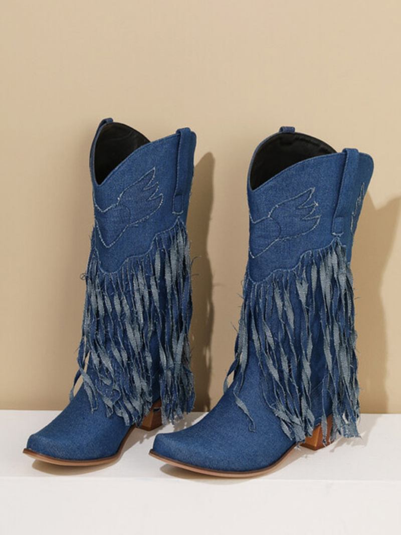 Botas Femininas Cano Médio Lona Com Bico Fino E Salto Grosso -  Azul Profundo 