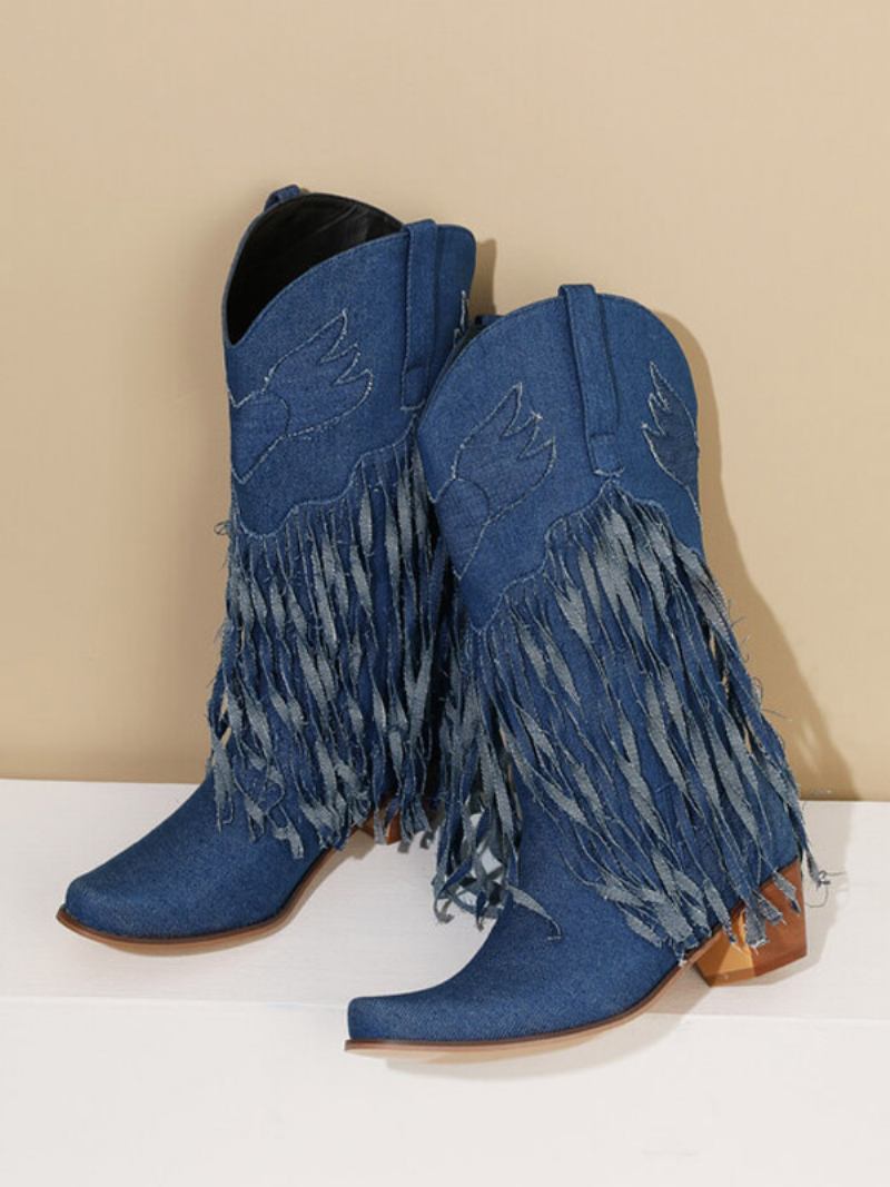 Botas Femininas Cano Médio Lona Com Bico Fino E Salto Grosso -  Azul Profundo 