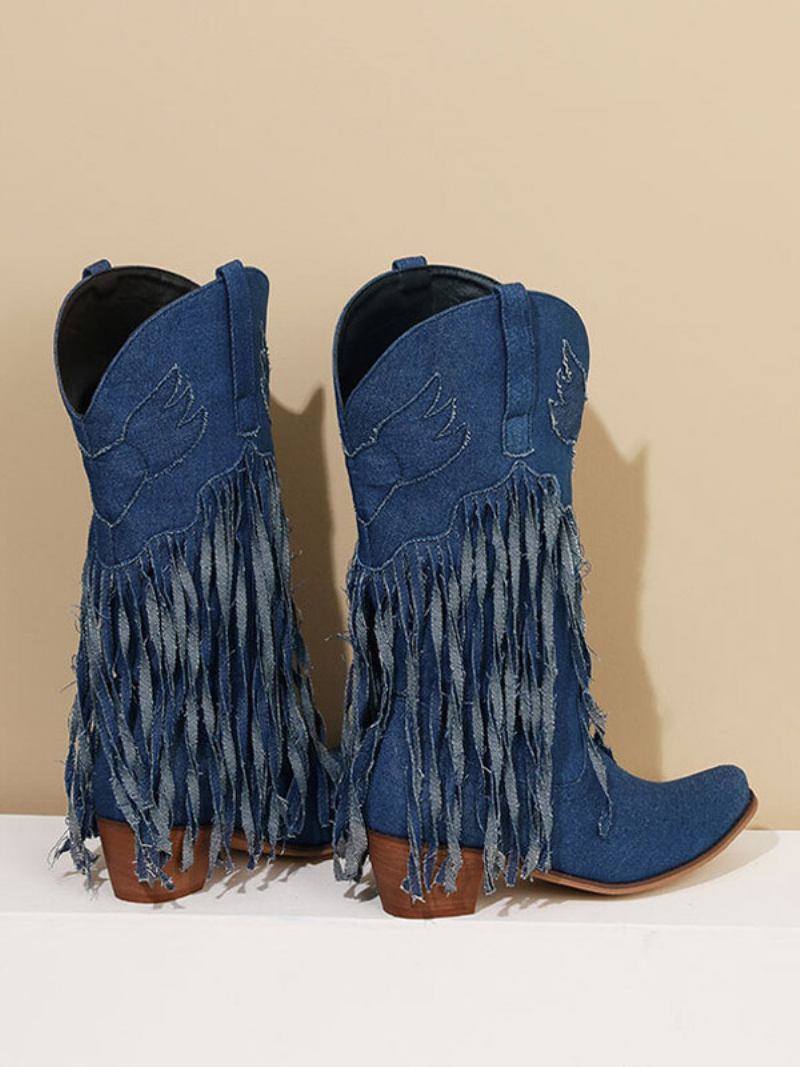 Botas Femininas Cano Médio Lona Com Bico Fino E Salto Grosso -  Azul Profundo 