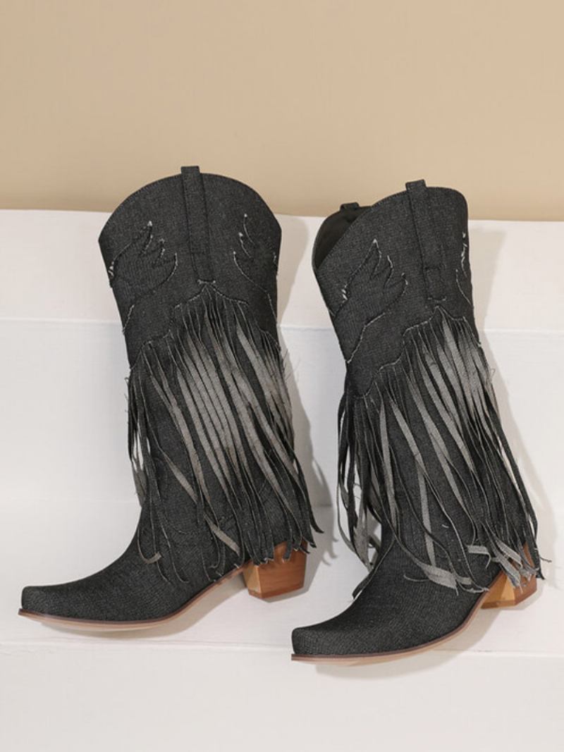 Botas Femininas Cano Médio Lona Com Bico Fino E Salto Grosso -  Preto