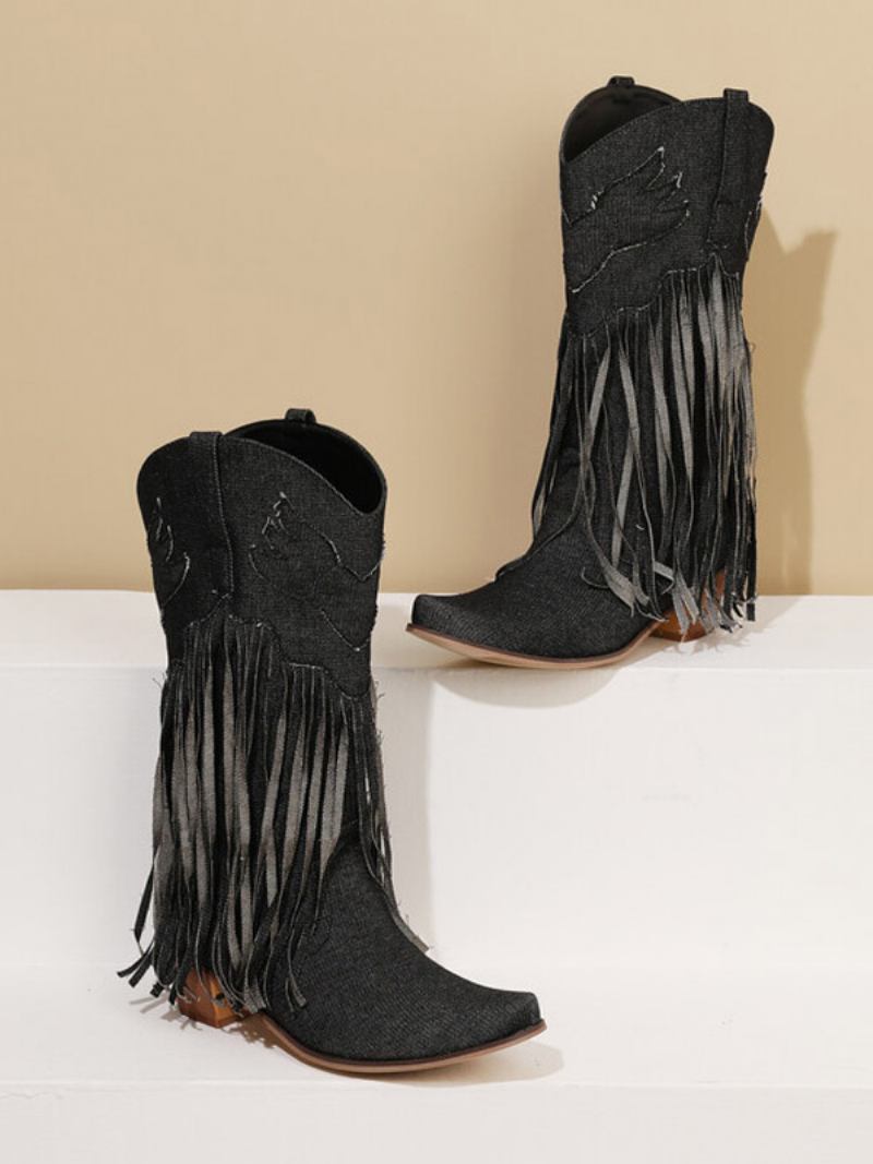 Botas Femininas Cano Médio Lona Com Bico Fino E Salto Grosso -  Preto