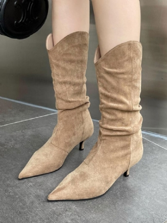 Botas Femininas Cano Médio Micro Camurça Bico Fino Salto Agulha