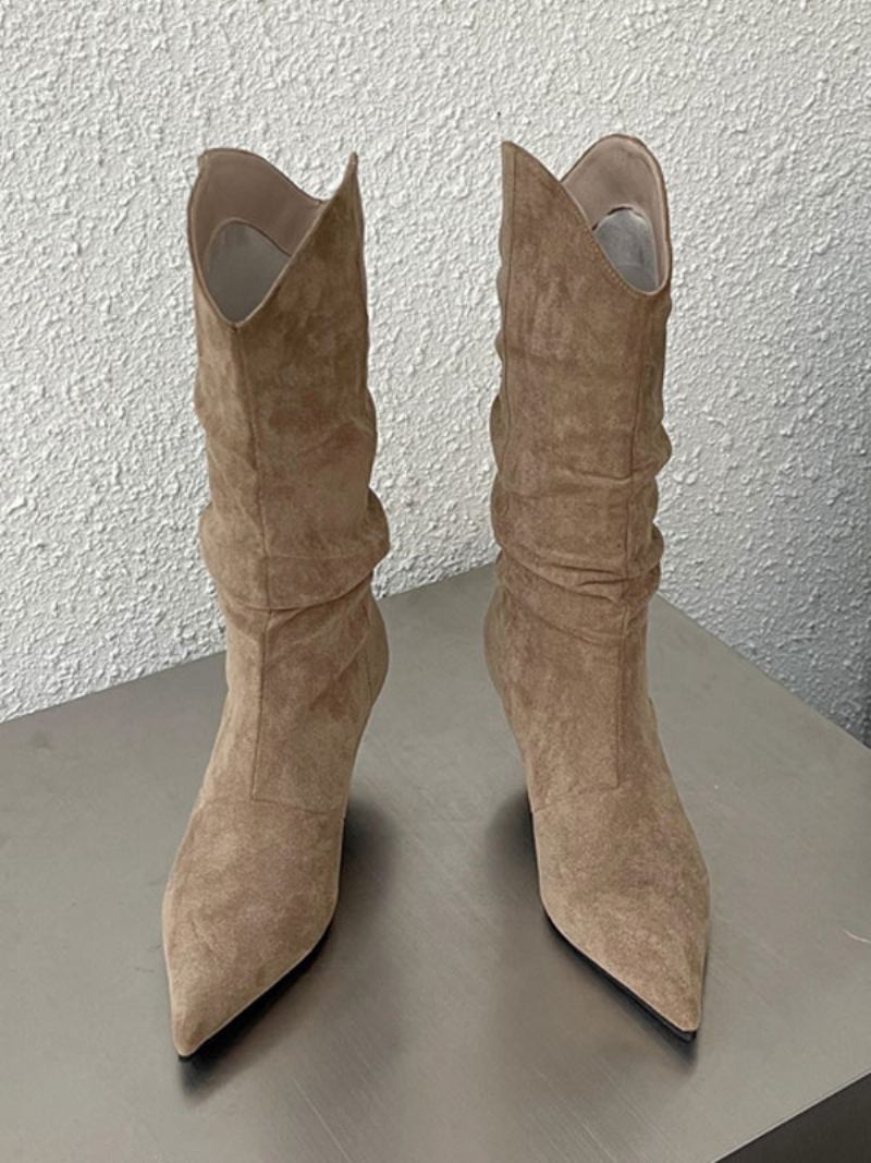 Botas Femininas Cano Médio Micro Camurça Bico Fino Salto Agulha - Amarelo Claro