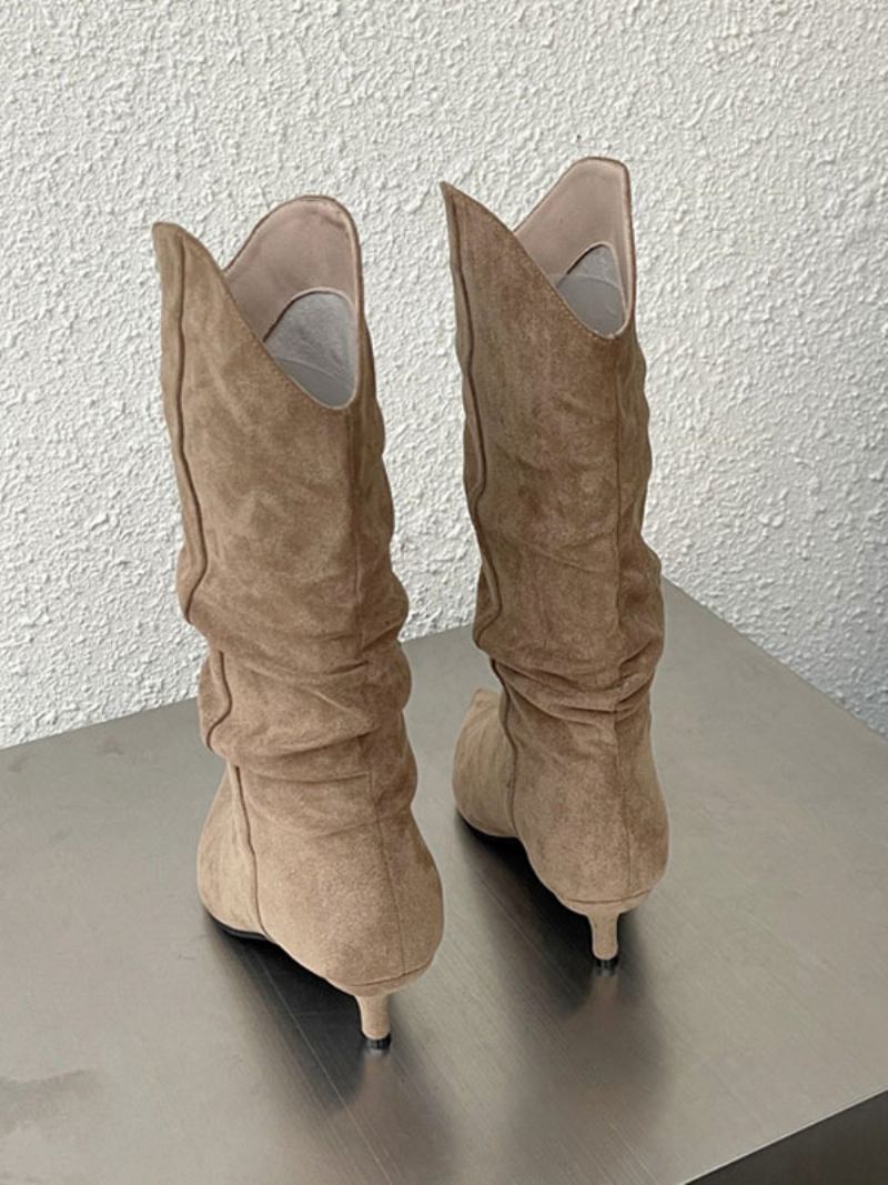 Botas Femininas Cano Médio Micro Camurça Bico Fino Salto Agulha - Amarelo Claro