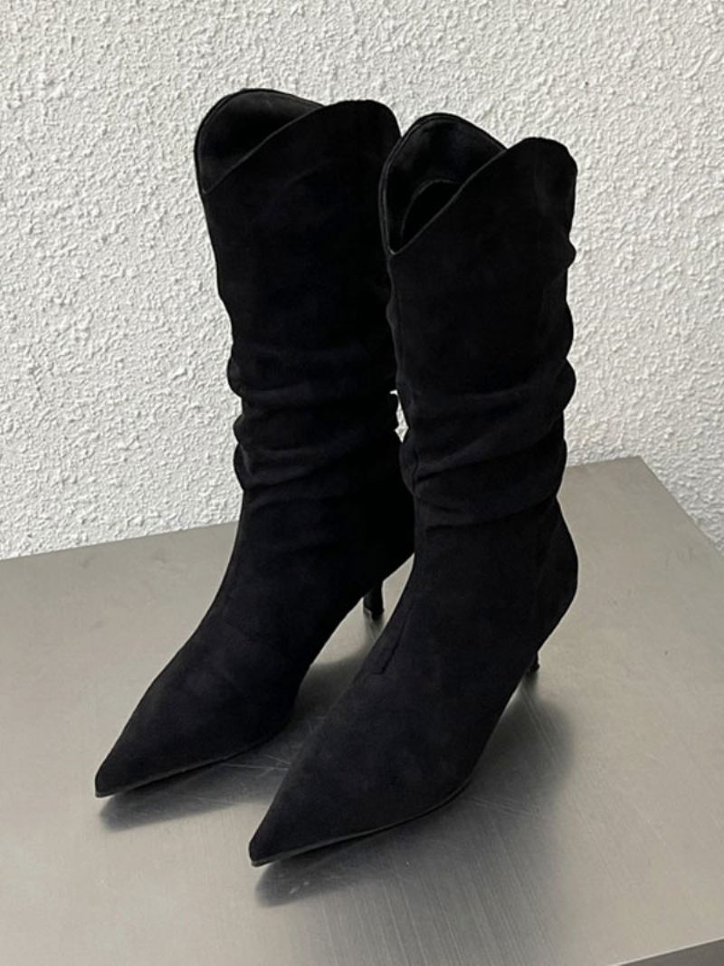 Botas Femininas Cano Médio Micro Camurça Bico Fino Salto Agulha - Preto