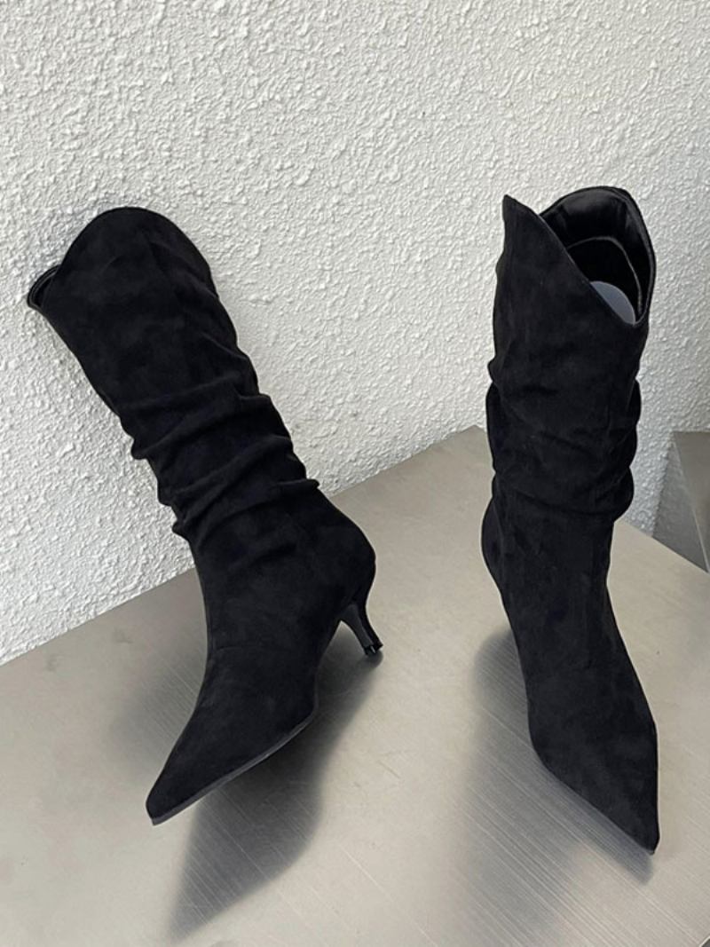 Botas Femininas Cano Médio Micro Camurça Bico Fino Salto Agulha - Preto