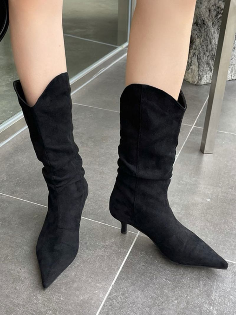 Botas Femininas Cano Médio Micro Camurça Bico Fino Salto Agulha - Preto