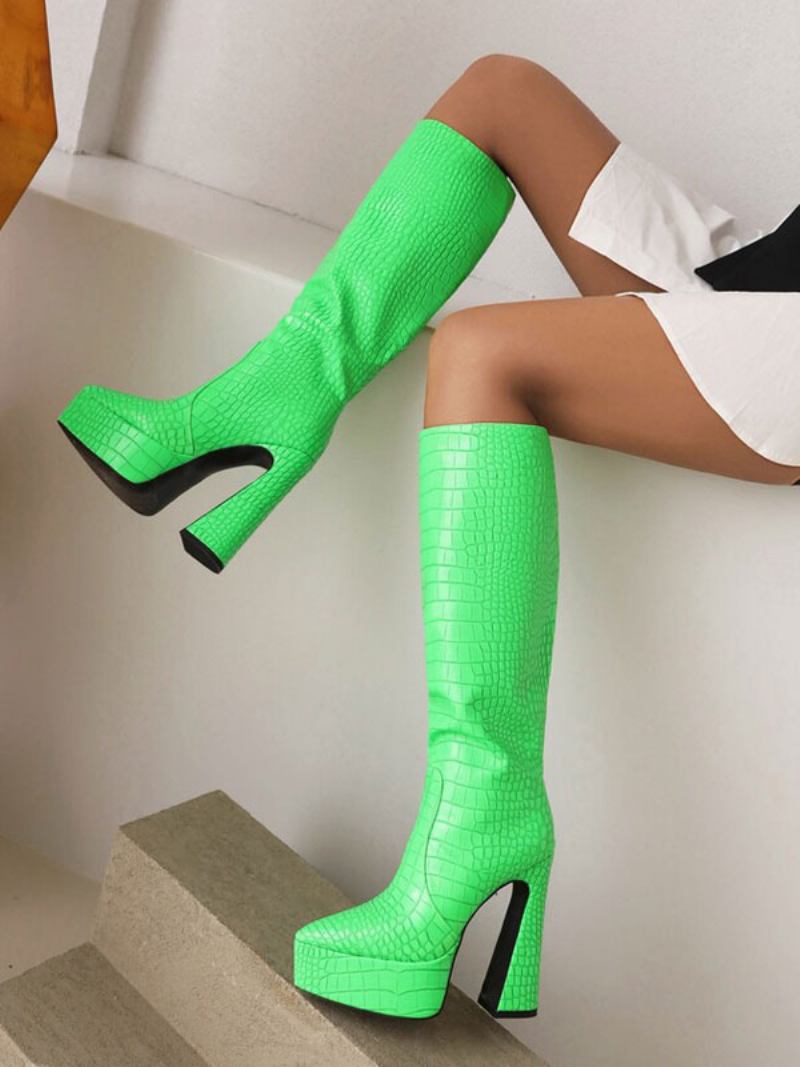 Botas Femininas Cano Médio Plataforma Couro Pu Bico Fino Salto Grosso - Verde