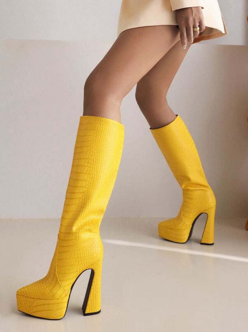 Botas Femininas Cano Médio Plataforma Couro Pu Bico Fino Salto Grosso - Amarelo