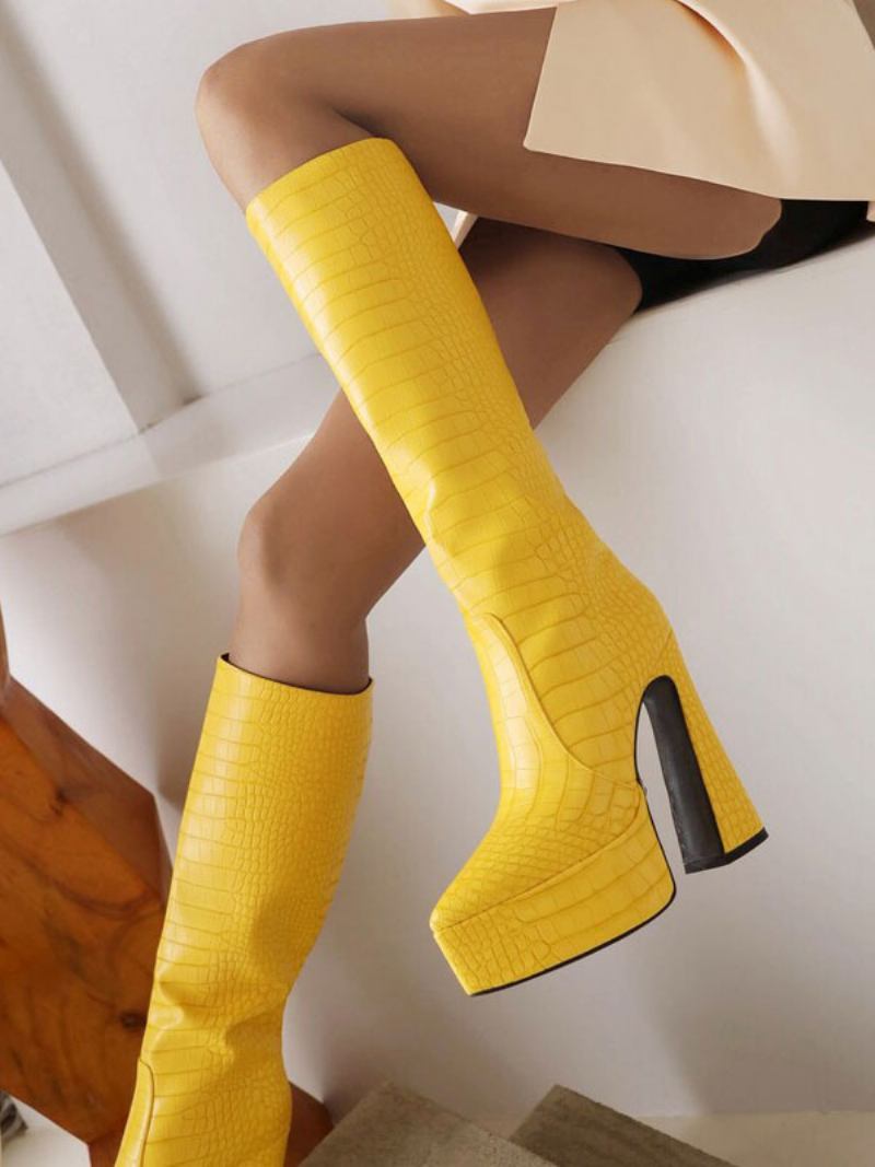 Botas Femininas Cano Médio Plataforma Couro Pu Bico Fino Salto Grosso - Amarelo