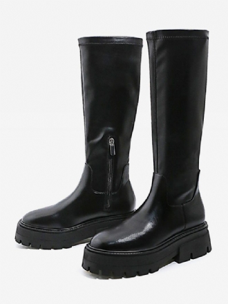 Botas Femininas Cano Médio Preto Couro Pu Com Bico Redondo E Plataforma Plana